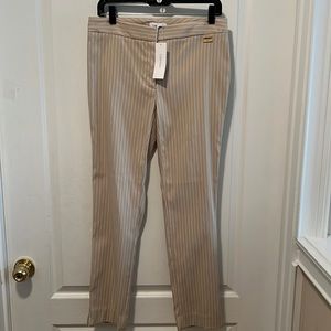 NWT Calvin Klein beige & white striped pants. Slim fit. Side slit at ankle. Sz 6